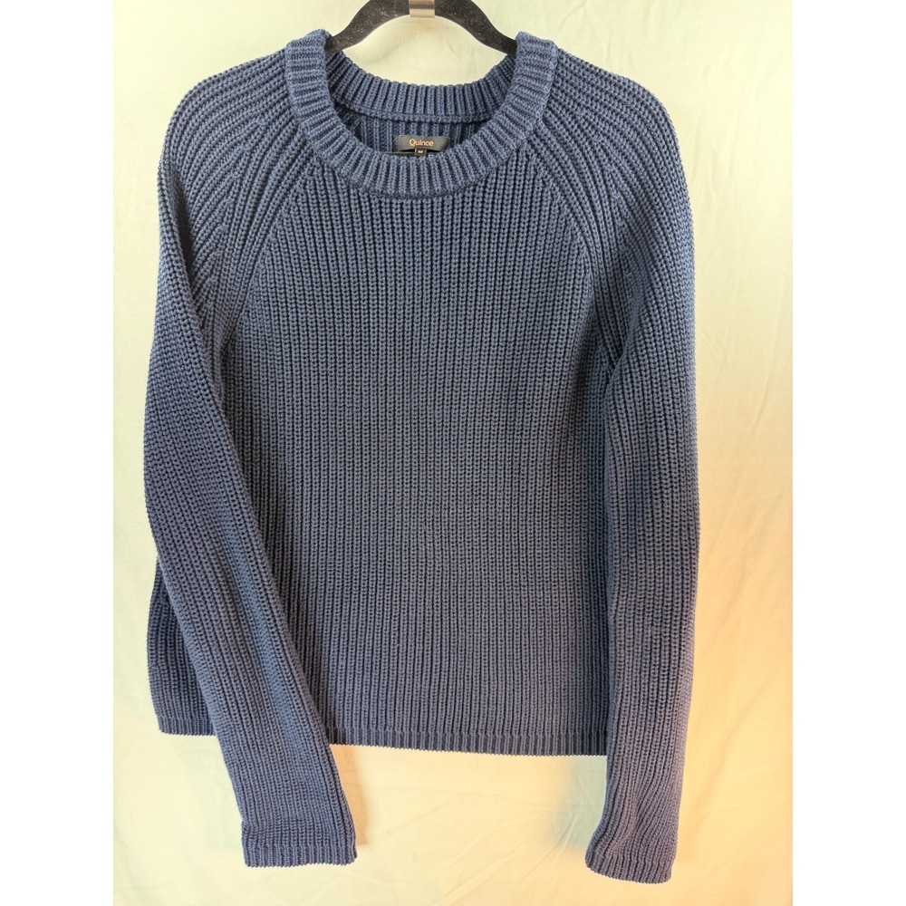 Quince Organic Cotton Fisherman Crewneck Sweater Navy Blue Size M Raglan Knit